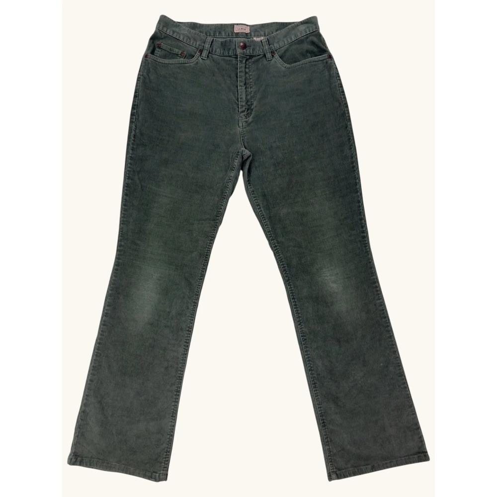 LL Bean Womens Corduroy Pants Green Straight Leg Stretch Size 12 Reg OYQ73